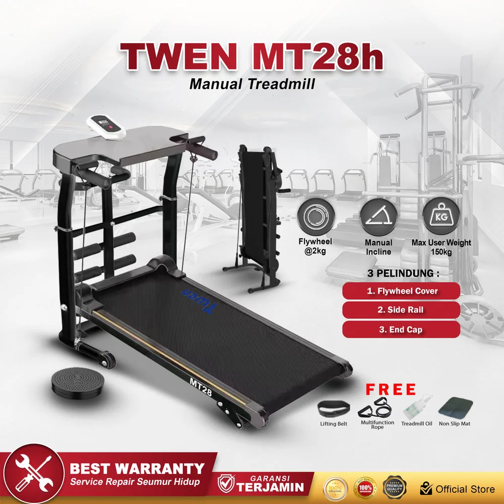 TWEN MT28 Hitam Treadmill Tanpa Listrik Portable Multifungsi