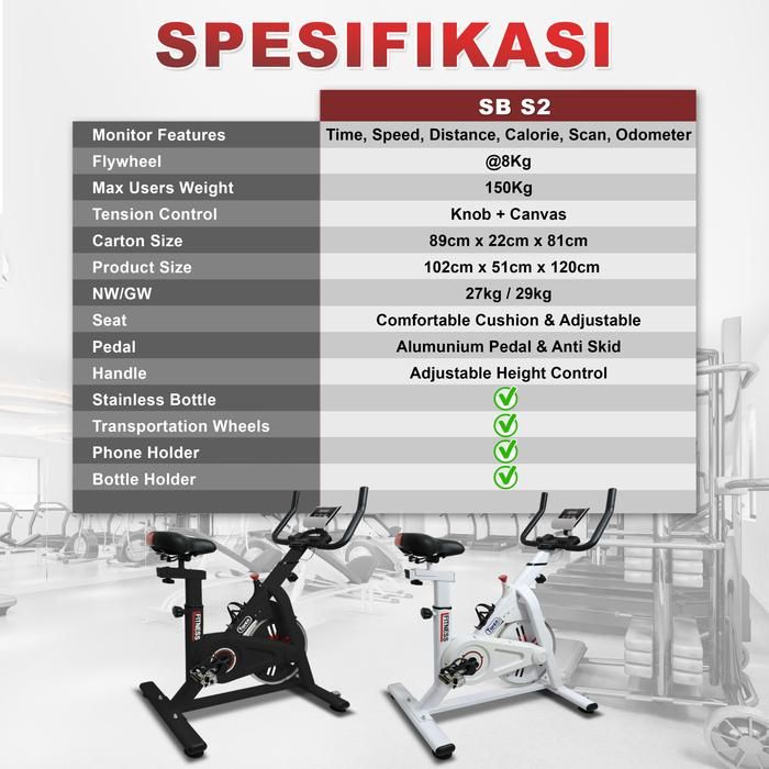 Twen S2 White Spin Bike Sepeda Kardio Statis Fitness Alat Gambar produk 7