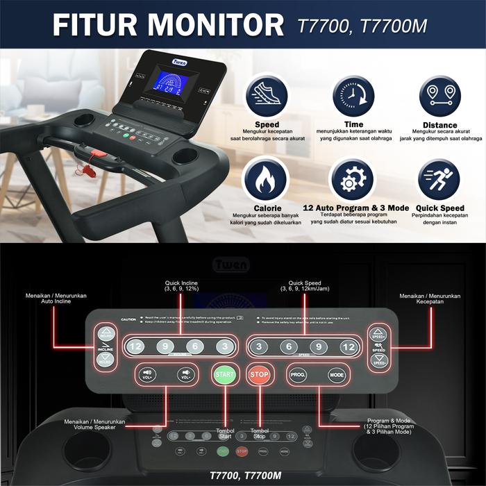 TWEN T7700M Treadmill Listrik Multifungsi Portable Treadmil Gambar produk 8