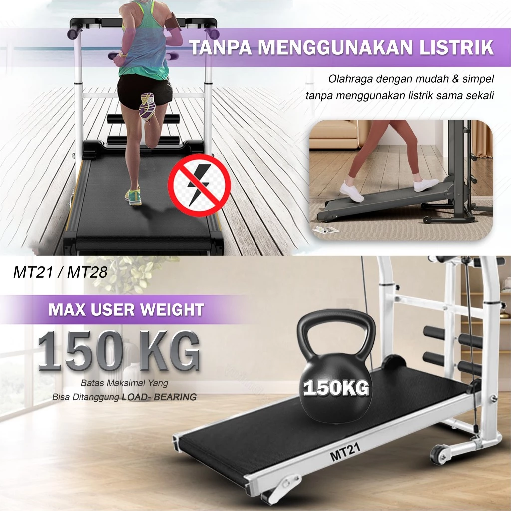 TWEN MT28 Hitam Treadmill Tanpa Listrik Portable Multifungsi Gambar produk 7