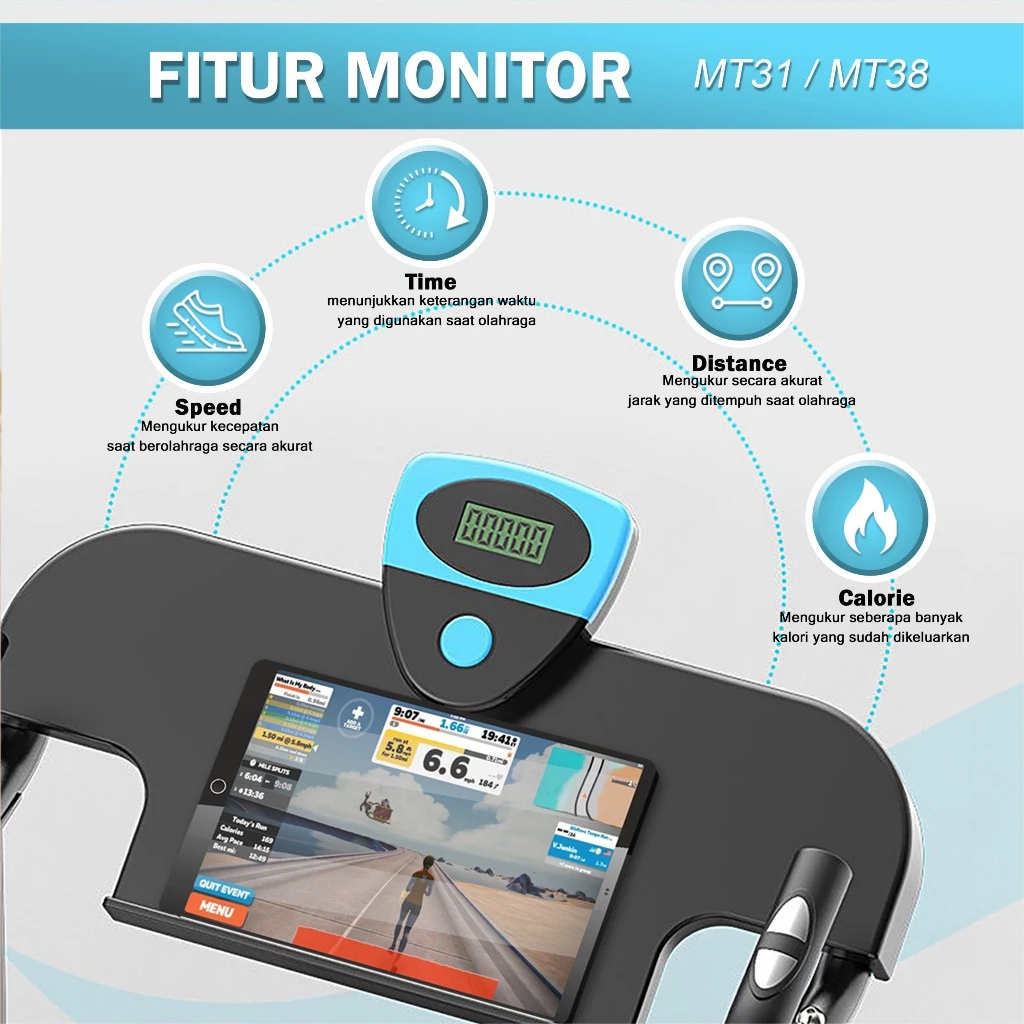 TWEN MT21 Putih Treadmill Manual Tanpa Listrik Portable Gambar produk 3