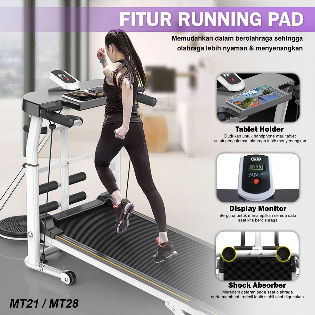 TWEN MT21 Putih Treadmill Manual Tanpa Listrik Portable Gambar produk 5