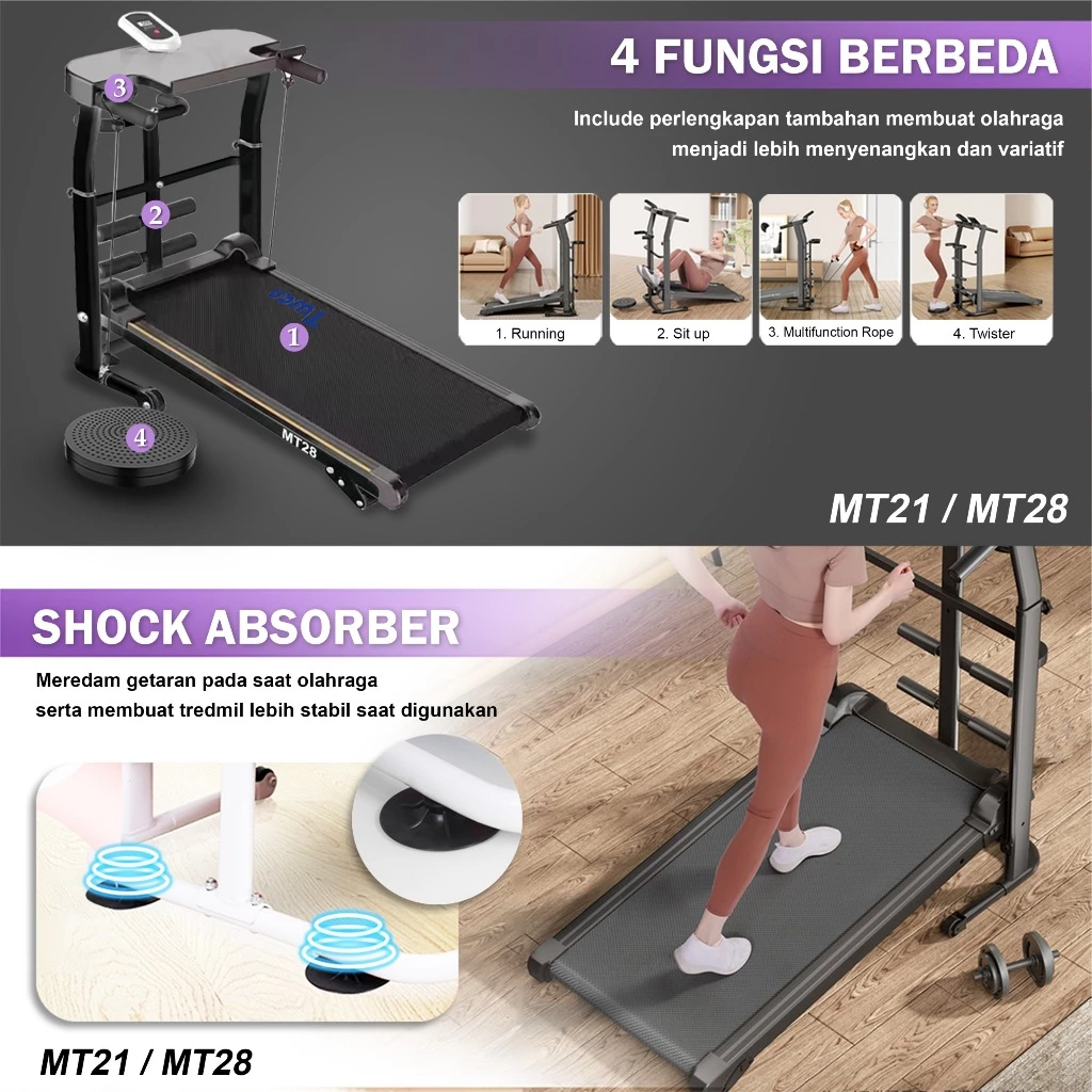 TWEN MT21 Putih Treadmill Manual Tanpa Listrik Portable Gambar produk 6