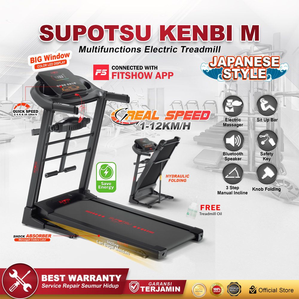 SUPOTSU Kenbi Black Multi Treadmill Listrik Treadmill Portable Treadmill Multifungsi Treadmil Lipat Alat Olahraga