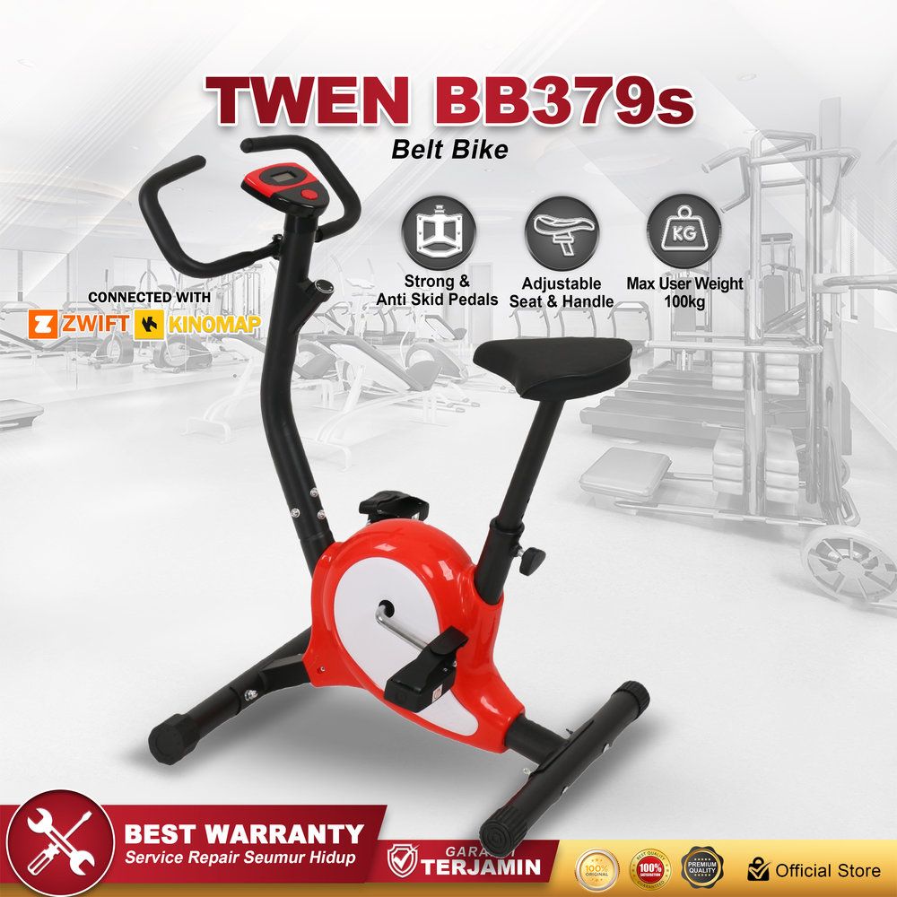 Twen BB379s Red + App Belt Bike New Big Exercise Bike Belt Bike Fitness Alat Olahraga Gym