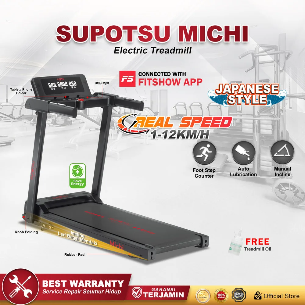 SUPOTSU Michi Hitam Treadmill Listrik Portable Multifungsi
