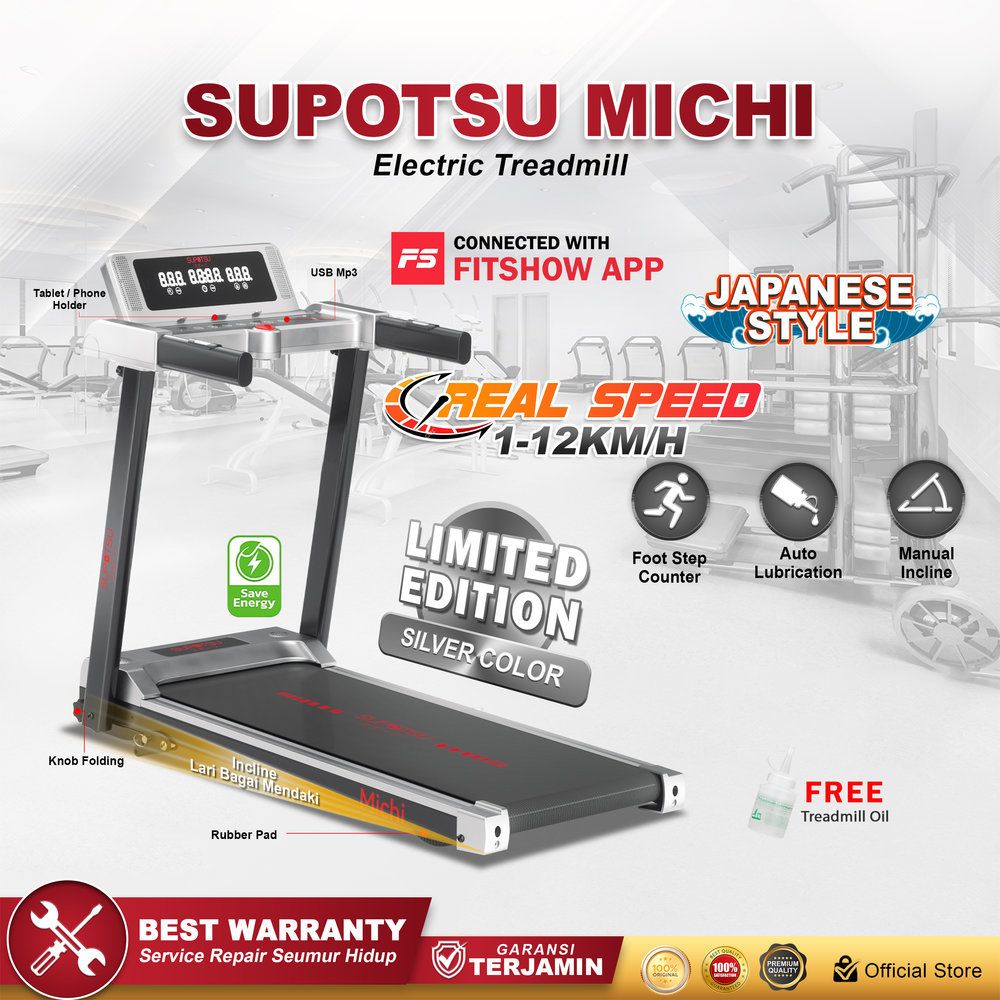SUPOTSU Michi Silver Treadmill Listrik Treadmill Portable Treadmill Multifungsi Treadmil Lipat Alat Olahraga