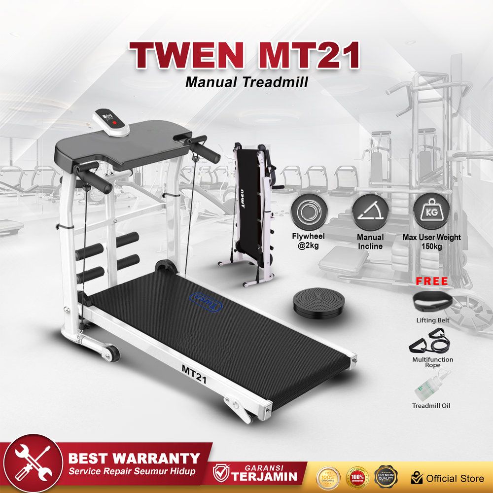 TWEN MT21 Putih Treadmill Manual Tanpa Listrik Treadmill Portable Treadmill Multifungsi Treadmil Lipat Alat Olahraga