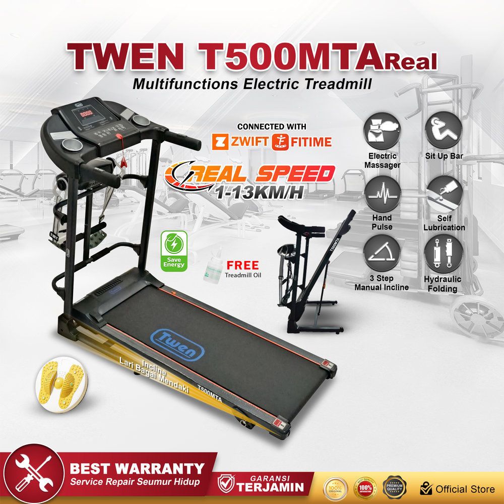TWEN T500MTA Real Treadmill Listrik Multifungsi Treadmill Portable Treadmill Multifungsi Treadmil Lipat Alat Olahraga