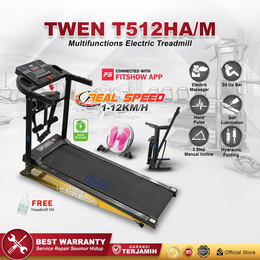 TWEN T512HA+M Treadmill Listrik Multifungsi Treadmill Portable Treadmill Multifungsi Treadmil Lipat Alat Olahraga